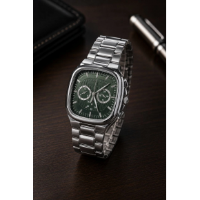 Erkek Gümüş Metal Kordon Analog Kol Saati Yeşil Kadran Takvim Göstergeli - Gümüş