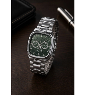 Erkek Gümüş Metal Kordon Analog Kol Saati Yeşil Kadran Takvim Göstergeli - Gümüş