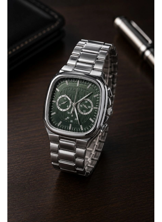 Erkek Gümüş Metal Kordon Analog Kol Saati Yeşil Kadran Takvim Göstergeli - Gümüş