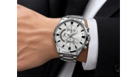 Erkek Gümüş Renk Metal Kordon Analog Kol Saati 24 Saat Takvim Göstergeli Gri Kadran - Gümüş