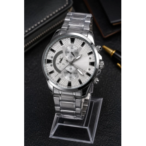 Erkek Gümüş Renk Metal Kordon Analog Kol Saati 24 Saat Takvim Göstergeli Gri Kadran - Gümüş