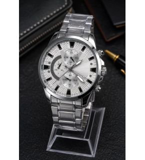 Erkek Gümüş Renk Metal Kordon Analog Kol Saati 24 Saat Takvim Göstergeli Gri Kadran - Gümüş