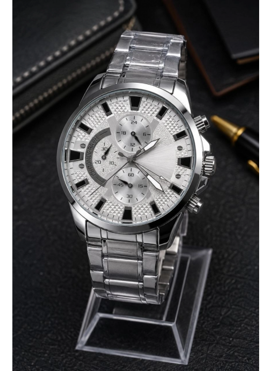 Erkek Gümüş Renk Metal Kordon Analog Kol Saati 24 Saat Takvim Göstergeli Gri Kadran - Gümüş