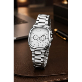 Erkek Gümüş Renk Metal Kordon Analog Kol Saati Çok Fonksiyonlu Beyaz Kadran - Gümüş