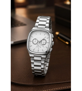 Erkek Gümüş Renk Metal Kordon Analog Kol Saati Çok Fonksiyonlu Beyaz Kadran - Gümüş