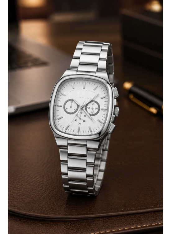 Erkek Gümüş Renk Metal Kordon Analog Kol Saati Çok Fonksiyonlu Beyaz Kadran - Gümüş