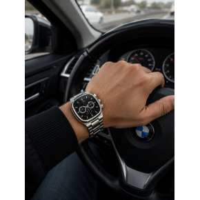 Erkek Gümüş Renk Metal Kordon Analog Kol Saati Siyah Kadran Takvim Göstergeli - Gümüş