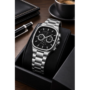 Erkek Gümüş Renk Metal Kordon Analog Kol Saati Siyah Kadran Takvim Göstergeli - Gümüş