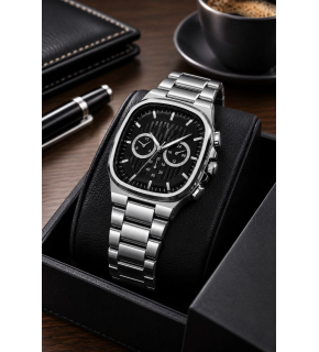 Erkek Gümüş Renk Metal Kordon Analog Kol Saati Siyah Kadran Takvim Göstergeli - Gümüş