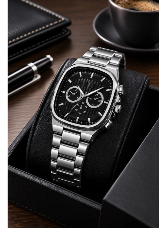 Erkek Gümüş Renk Metal Kordon Analog Kol Saati Siyah Kadran Takvim Göstergeli - Gümüş