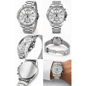 Erkek Gümüş Renk Metal Kordon Analog Kol Saati Takvim Göstergeli Beyaz Kadran - Gümüş