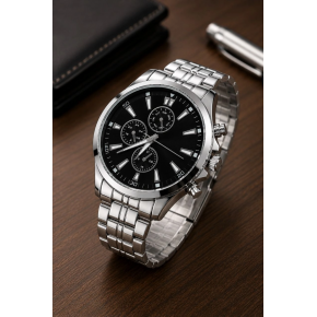 Erkek Gümüş Renk Metal Kordon Analog Kol Saati Takvim Göstergeli Siyah Kadran - Gümüş