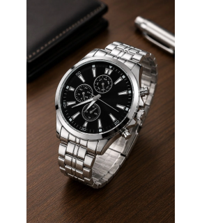 Erkek Gümüş Renk Metal Kordon Analog Kol Saati Takvim Göstergeli Siyah Kadran - Gümüş