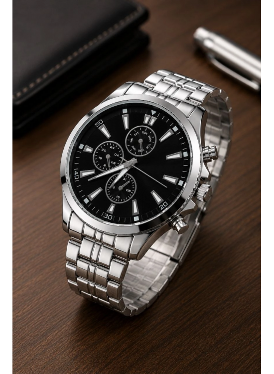 Erkek Gümüş Renk Metal Kordon Analog Kol Saati Takvim Göstergeli Siyah Kadran - Gümüş