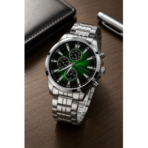 Erkek Gümüş Renk Metal Kordon Analog Kol Saati Takvim Göstergeli Yeşil Siyah Kadran - Gümüş
