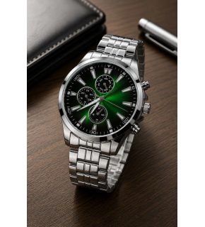 Erkek Gümüş Renk Metal Kordon Analog Kol Saati Takvim Göstergeli Yeşil Siyah Kadran - Gümüş