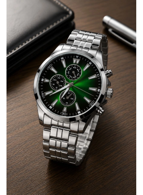 Erkek Gümüş Renk Metal Kordon Analog Kol Saati Takvim Göstergeli Yeşil Siyah Kadran - Gümüş