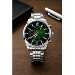 Erkek Gümüş Renk Metal Kordon Analog Kol Saati Takvim Göstergeli Yeşil Siyah Kadran - Gümüş