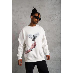 Erkek Güvercin Baskılı 3 iplik pamuklu Bisiklet Yaka Sweatshirt - Beyaz