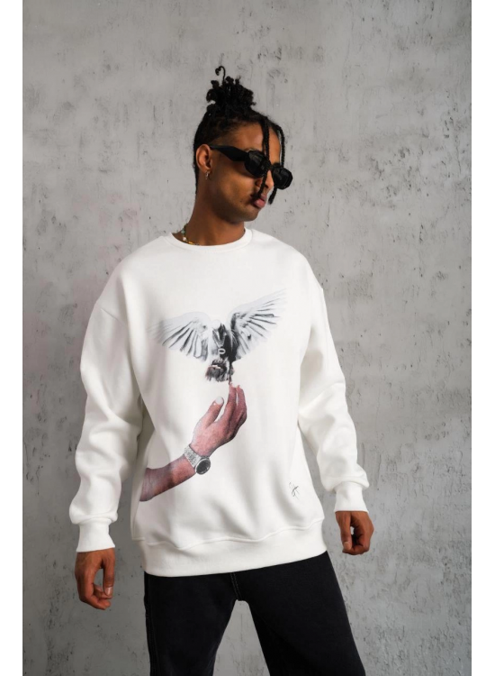 Erkek Güvercin Baskılı 3 iplik pamuklu Bisiklet Yaka Sweatshirt - Beyaz Erkek Güvercin Baskılı 3 iplik pamuklu Bisiklet Yaka Sweatshirt - Beyaz
