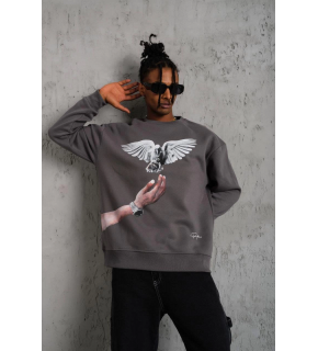 Erkek Güvercin Baskılı 3 iplik pamuklu Bisiklet Yaka Sweatshirt - Gri