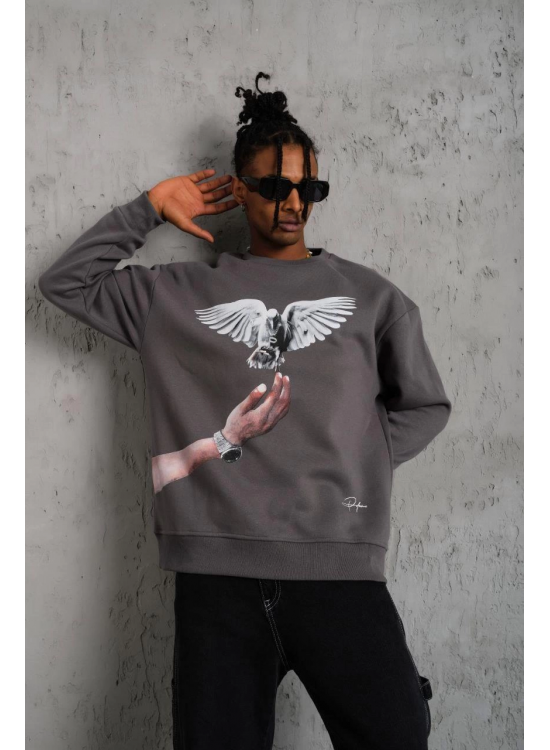 Erkek Güvercin Baskılı 3 iplik pamuklu Bisiklet Yaka Sweatshirt - Gri Erkek Güvercin Baskılı 3 iplik pamuklu Bisiklet Yaka Sweatshirt - Gri