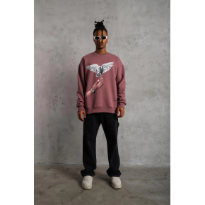 Erkek Güvercin Baskılı Bisiklet Yaka Sweatshirt 3 iplik pamuklu - Gül Kurusu