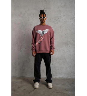 Erkek Güvercin Baskılı Bisiklet Yaka Sweatshirt 3 iplik pamuklu - Gül Kurusu