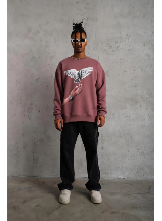 Erkek Güvercin Baskılı Bisiklet Yaka Sweatshirt 3 iplik pamuklu - Gül Kurusu Erkek Güvercin Baskılı Bisiklet Yaka Sweatshirt 3 iplik pamuklu - Gül Kurusu