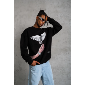 Erkek Güvercin Baskılı 3 iplik Bisiklet Yaka ipamuklu Sweatshirt - Siyah