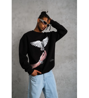 Erkek Güvercin Baskılı 3 iplik Bisiklet Yaka ipamuklu Sweatshirt - Siyah