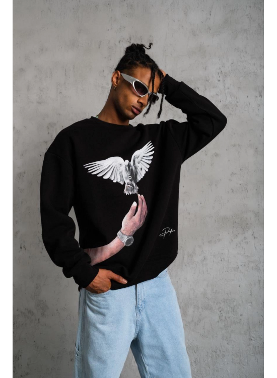 Erkek Güvercin Baskılı 3 iplik Bisiklet Yaka ipamuklu Sweatshirt - Siyah Erkek Güvercin Baskılı 3 iplik Bisiklet Yaka ipamuklu Sweatshirt - Siyah