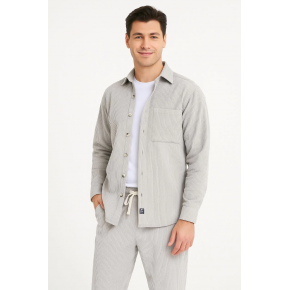 Erkek Kadife Oversize Takım Gömlek Pantolon İkili Set - Gri