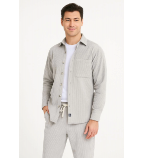 Erkek Kadife Oversize Takım Gömlek Pantolon İkili Set - Gri