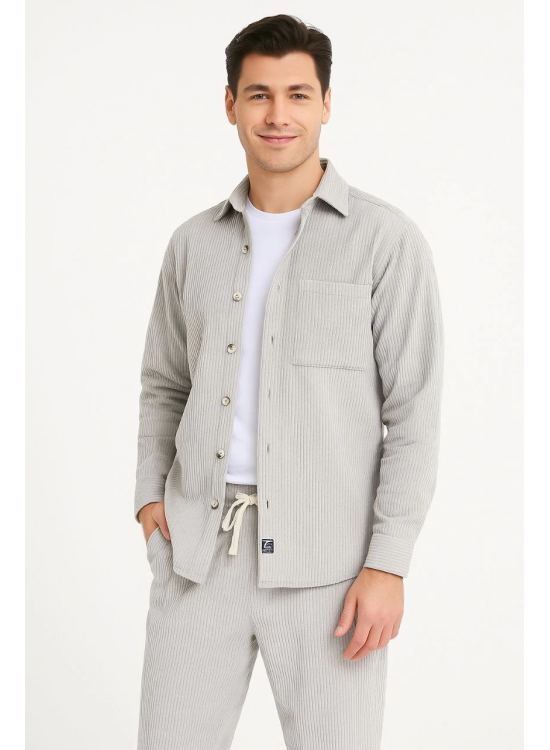 Erkek Kadife Oversize Takım Gömlek Pantolon İkili Set - Gri
