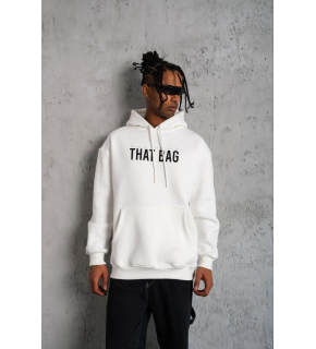 Erkek 3 İplik Pamuklu Kapüşonlu Baskılı Cepli Oversize Sweatshirt Hoodie - Beyaz