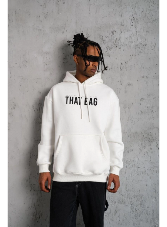 Erkek 3 İplik Pamuklu Kapüşonlu Baskılı Cepli Oversize Sweatshirt Hoodie - Beyaz Erkek 3 İplik Pamuklu Kapüşonlu Baskılı Cepli Oversize Sweatshirt Hoodie - Beyaz