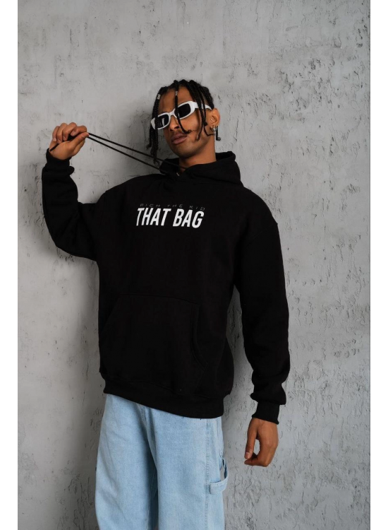 Erkek 3 İplik Pamuklu Kapüşonlu Baskılı Cepli Oversize Sweatshirt Hoodie - Siyah Erkek 3 İplik Pamuklu Kapüşonlu Baskılı Cepli Oversize Sweatshirt Hoodie - Siyah