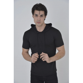 Kadın Kapüşonlu T-Shirt Kısa Kol Bisiklet Yaka Slimfit Tişört    - Siyah