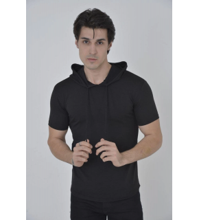 Kadın Kapüşonlu T-Shirt Kısa Kol Bisiklet Yaka Slimfit Tişört    - Siyah