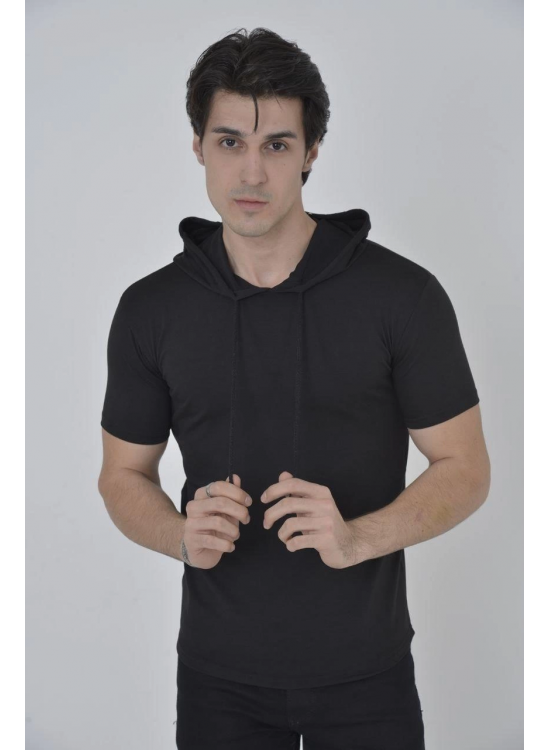 Kadın Kapüşonlu T-Shirt Kısa Kol Bisiklet Yaka Slimfit Tişört    - Siyah