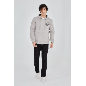 Erkek 3 İplik Pamuklu Fermuarlı Kapüşonlu Kanguru Cepli Baskılı Hoodie Hırka Sweatshirt - Boyalı Gri