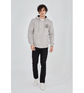 Erkek 3 İplik Pamuklu Fermuarlı Kapüşonlu Kanguru Cepli Baskılı Hoodie Hırka Sweatshirt - Boyalı Gri