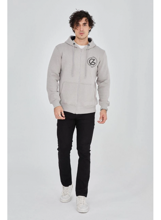 Erkek 3 İplik Pamuklu Fermuarlı Kapüşonlu Kanguru Cepli Baskılı Hoodie Hırka Sweatshirt - Boyalı Gri