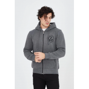 Erkek 3 İplik Pamuklu Fermuarlı Kapüşonlu Kanguru Cepli Baskılı Hoodie Hırka Sweatshirt - Füme