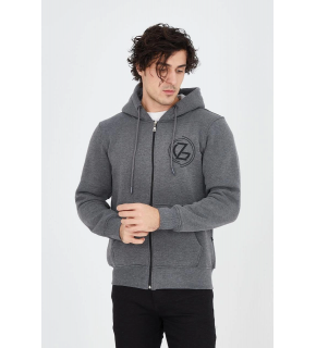 Erkek 3 İplik Pamuklu Fermuarlı Kapüşonlu Kanguru Cepli Baskılı Hoodie Hırka Sweatshirt - Füme