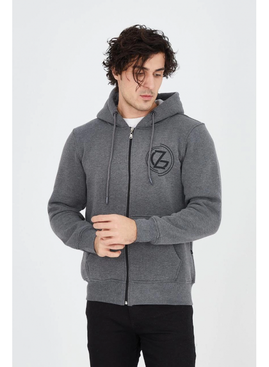 Erkek 3 İplik Pamuklu Fermuarlı Kapüşonlu Kanguru Cepli Baskılı Hoodie Hırka Sweatshirt - Füme