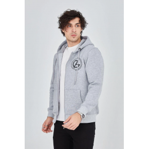 Erkek 3 İplik Pamuklu Fermuarlı Kapüşonlu Kanguru Cepli Baskılı Hoodie Hırka Sweatshirt -Gri