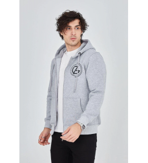 Erkek 3 İplik Pamuklu Fermuarlı Kapüşonlu Kanguru Cepli Baskılı Hoodie Hırka Sweatshirt -Gri