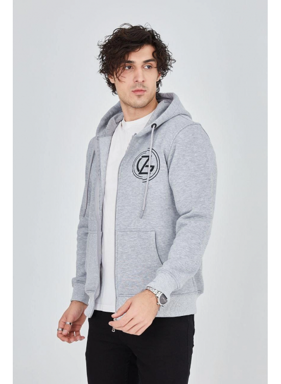Erkek 3 İplik Pamuklu Fermuarlı Kapüşonlu Kanguru Cepli Baskılı Hoodie Hırka Sweatshirt -Gri Erkek 3 İplik Pamuklu Fermuarlı Kapüşonlu Kanguru Cepli Baskılı Hoodie Hırka Sweatshirt -Gri